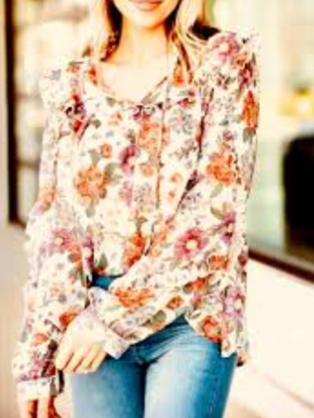 Sundance Floral Ruffle-Neck Tunic Top Size S Boho Cream Red Orange Floral Print